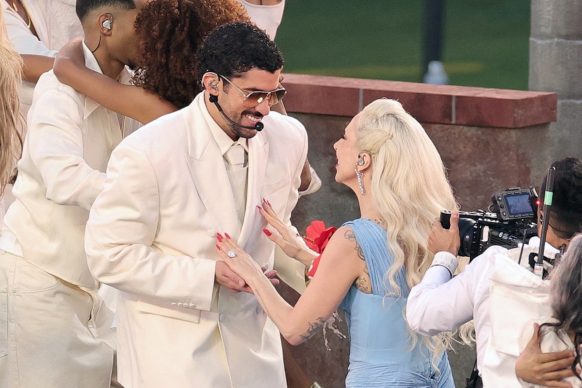 Lady Gaga performs with Bad Bunny onstage during the Apple Music Super Bowl LX Halftime Show at Levi's Stadium on February 08, 2026 in Santa Clara, California.
