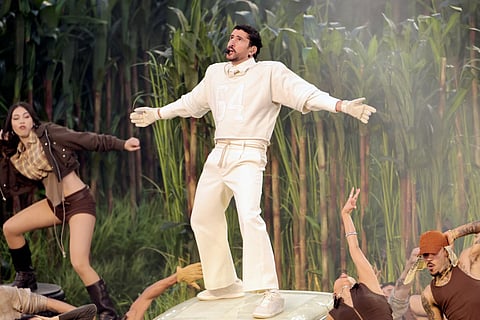 Bad Bunny performs onstage during the Super Bowl at Levi's Stadium 