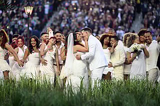 Performers portray a wedding during Puerto Rican singer Bad Bunny performance during Super Bowl LX Patriots vs Seahawks Apple Music Halftime Show at Levi's Stadium in Santa Clara, California on February 8, 2026.
