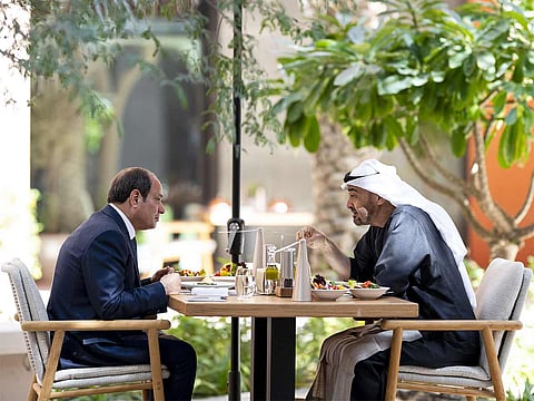 UAE President Sheikh Mohamed bin Zayed Al Nahyan with Abdul Fattah Al Sisi, President of Egypt, in Abu Dhabi.