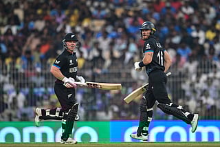 New Zealand's Tim Seifert (L) and Finn Allen run between the wickets during the 2026 ICC Men's T20 Cricket World Cup group stage match between New Zealand and United Arab Emirates at the MA Chidambaram Stadium in Chennai on February 10, 2026.