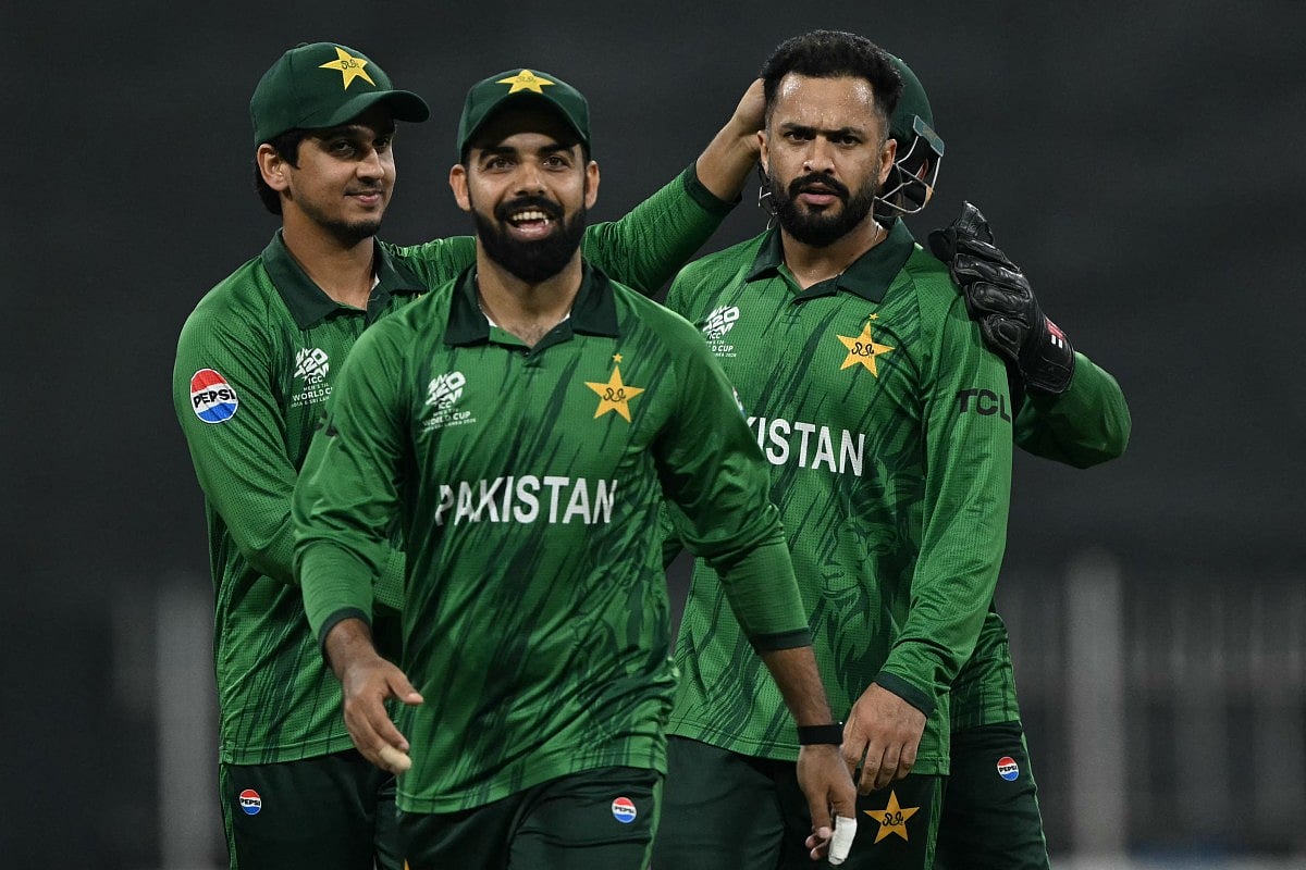 Pakistan's Mohammad Nawaz (R) celebrates with teammates after taking the wicket of USA's Andries Gous during the 2026 ICC Men's T20 Cricket World Cup group stage match between Pakistan and USA at the Sinhalese Sports Club (SSC) Ground in Colombo on February 10, 2026.