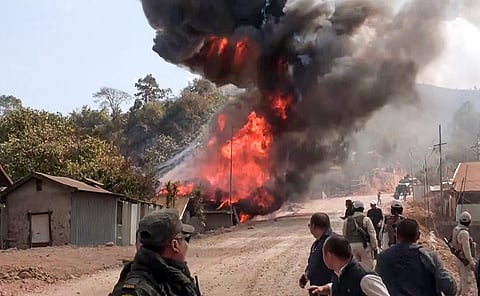 Security personnel deployed after a violent clash between the Tangkhul and Kuki tribes at Litan village, in Ukhrul on Monday.  