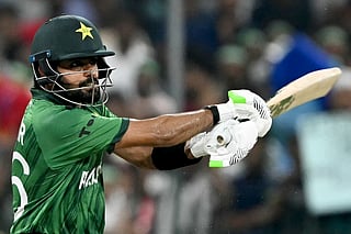 Pakistan's Babar Azam plays a shot during the 2026 ICC Men's T20 Cricket World Cup group stage match between Pakistan and USA at the Sinhalese Sports Club (SSC) Ground in Colombo on February 10, 2026.