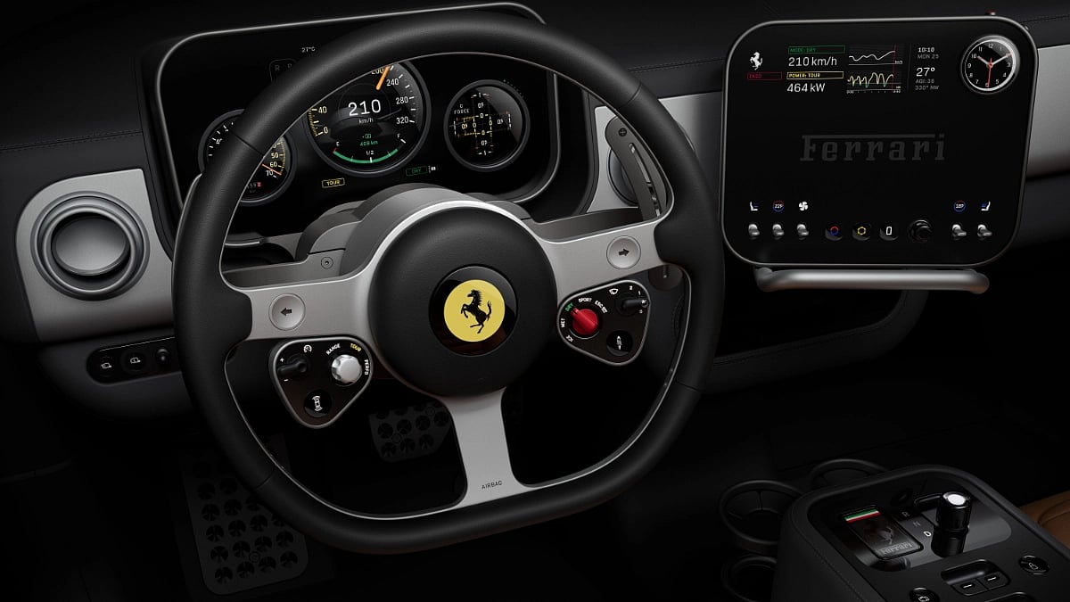 At first glance, the Ferrari Luce’s interior looks calm, even minimal. A three-spoke steering wheel. A clean instrument binnacle. 