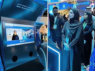 A combo photo of visitors trying out the AI-powered recruitment platform live at World Health Expo Dubai.