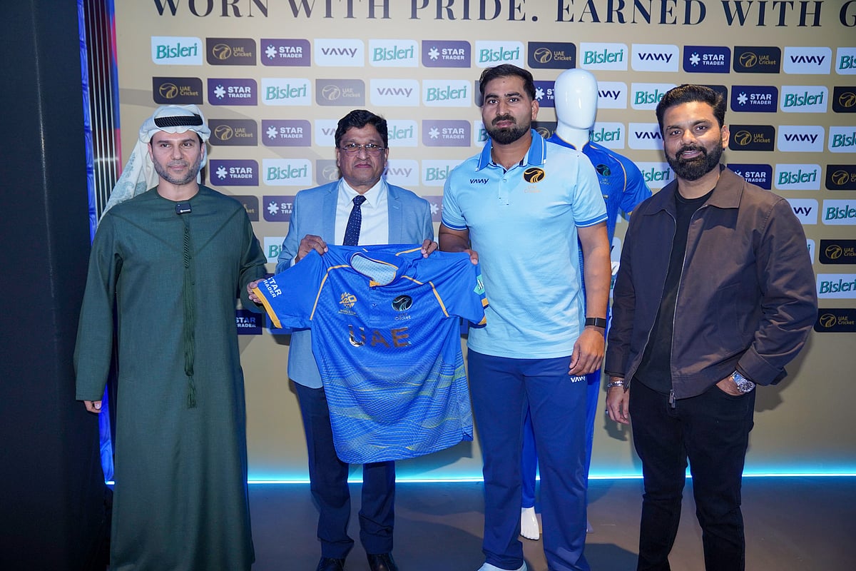 UAE captain Muhammad Waseem during the launch of the UAE kit for the ICC T20 World Cup. Also seen Mubashshir Usmani on the right.