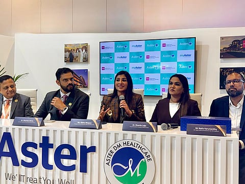 Alisha Moopen addressing the press conference along with senior executives of Aster DM Healthcare
