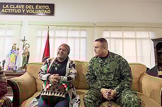 This handout picture released by the Colombian Army press office shows Colombian Indigenous senator Aida Quilcue (L) and Brigadier General Hernando Africano (R) after being freed from kidnapping at General Jose Hilario Lopez military canton in Popayan, Colombia on February 10, 2026.