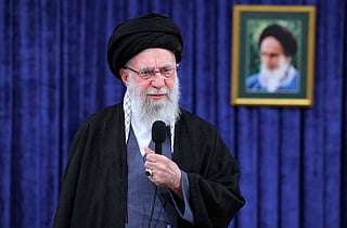 In this photo released on Monday, Feb. 9, 2026, by the official website of the office of the Iranian supreme leader, Supreme Leader Ayatollah Ali Khamenei addresses the nation in a televised speech. (Office of the Iranian Supreme Leader via AP)