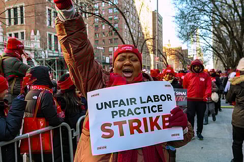 Members of the New York State Nurses Association union picket outside Mount Sinai West Hospital, Tuesday, Jan. 20, 2026, in New York. (AP Photo/Ryan Murphy)