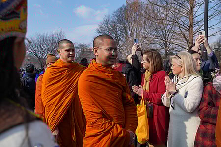 Buddhist monks end 2,300-mile peace walk in Washington.