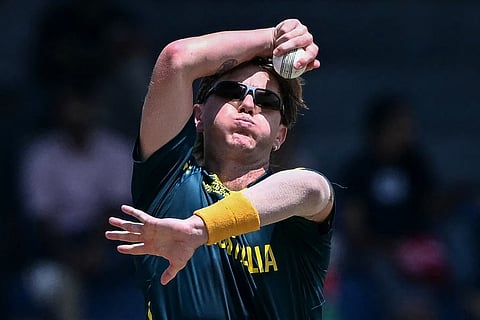 Australia's Adam Zampa bowls during the 2026 ICC Men's T20 Cricket World Cup group stage match between Australia and Zimbabwe at the R Premadasa Stadium in Colombo on February 13, 2026.