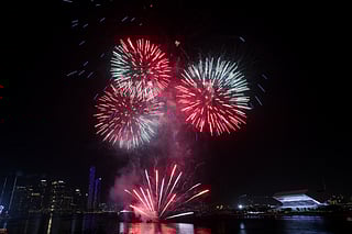 Fireworks light up the sky for the 250th Independence Day celebration of USA in Dubai on Thursday