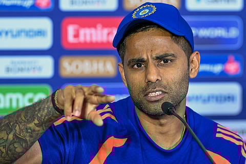 India's captain Suryakumar Yadav addresses a press conference on the eve of their 2026 ICC Men's T20 Cricket World Cup group stage match against Pakistan at the R Premadasa Stadium in Colombo on February 14, 2026.