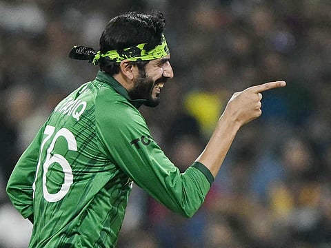 Pakistan's Usman Tariq celebrates after taking the wicket of USA's Mohammad Mohsin during the 2026 ICC Men's T20 Cricket World Cup group stage match  at the Sinhalese Sports Club (SSC) Ground in Colombo on February 10, 2026. 