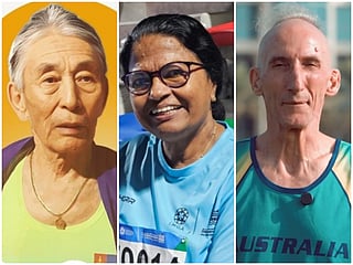 Radnaa Tseren, 91, Kumari Devi, 72, and Roscoe McDonnell, 68, inspire at the Games.