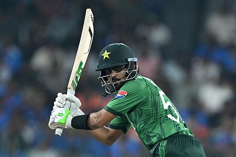 Pakistan's Babar Azam plays a shot during the 2026 ICC Men's T20 Cricket World Cup group stage match between India and Pakistan at the R Premadasa Stadium in Colombo on February 15, 2026.