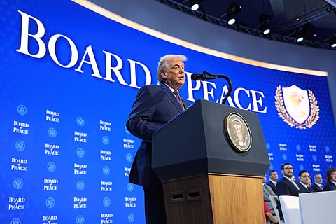 President Donald Trump speaks during a Board of Peace charter announcement during the Annual Meeting of the World Economic Forum in Davos, Switzerland, Thursday, Jan. 22, 2026. 