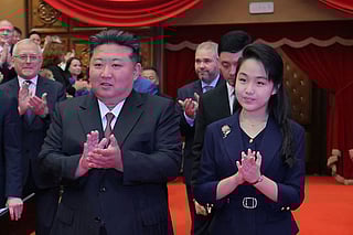 FILE - In this photo provided by the North Korean government, North Korean leader Kim Jong Un, center left, and his daughter, center right, arrive at the East Pyongyang Grand Theatre in Pyongyang, North Korea, June 29, 2025. Independent journalists were not given access to cover the event depicted in this image distributed by the North Korean government. The content of this image is as provided and cannot be independently verified. 