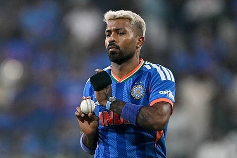 India's Hardik Pandya prepares to bowl during the 2026 ICC Men's T20 Cricket World Cup group stage match between India and Pakistan at the R Premadasa Stadium in Colombo on February 15, 2026.