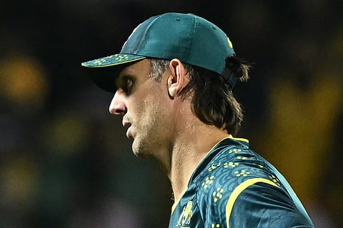 Australia's captain Mitchell Marsh looks on after his team's loss against Sri Lanka at the end of their 2026 ICC Men's T20 Cricket World Cup group stage match in the Pallekele International Cricket Stadium, Kandy on February 16, 2026.