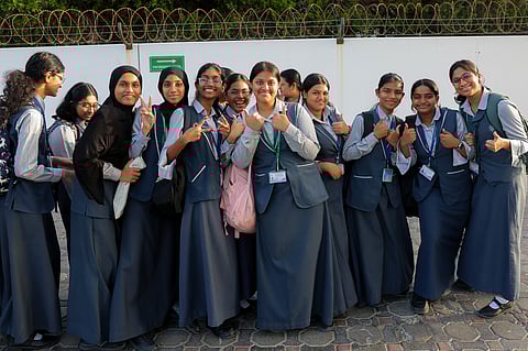 Class 10 students head to their first CBSE board exams at Delhi Private School on Tuesday. 