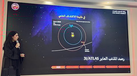 Dr Nora Al Saeed explaining the vantage point from where the Emirates Mars Mission's Hope Probe explored the alien comet 3I/ATLAS in Dubai on Tuesday.