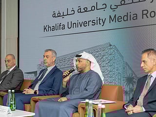 From left to right: Professor Sami Muhaidat, College of Computing and Mathematical Sciences; Professor Ehab Fahmy El-Sadaany, College of Engineering and Physical Sciences; Professor Bayan Sharif, Provost; Professor Ebrahim Al Hajri, President, Khalifa University; Professor Mahmoud Al-Qutayri, Associate Provost, Academic Operations; Dr. Mohamed Rahmani (Associate Dean of Graduate Studies)