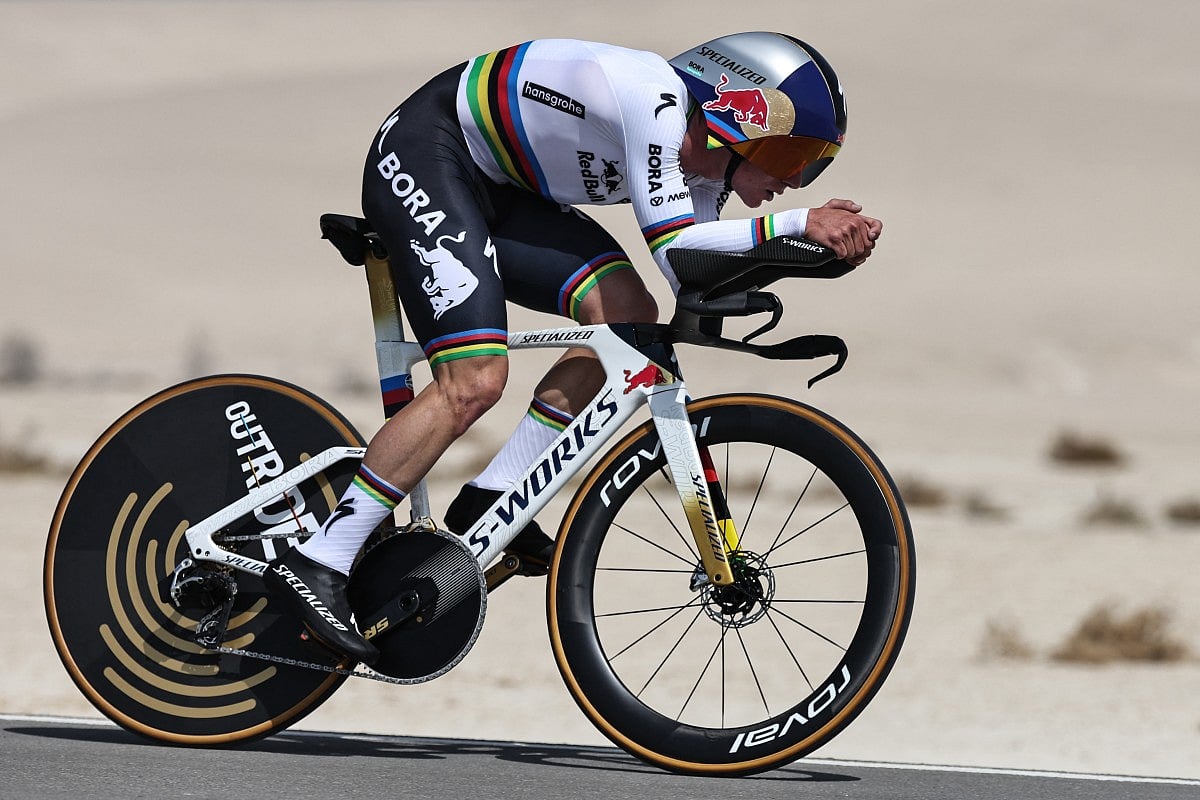 Red Bull-Bora-Hansgrohe's Belgian rider Remco Evenepoel competes during the second stage of the UAE Tour cycling event on al-Hudayriyat Island in Abu Dhabi on February 17, 2026.