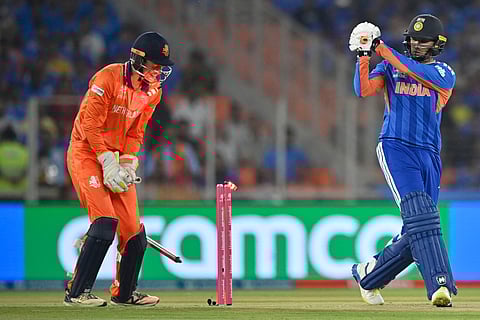 India's Abhishek Sharma is clean bowled during the 2026 ICC Men's T20 Cricket World Cup group stage match between India and Netherlands at the Narendra Modi Stadium in Ahmedabad on February 18, 2026.