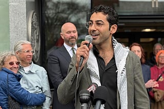 FILE - Mohsen Mahdawi speaks outside the courthouse after a judge released the Palestinian student activist, on April 30, 2025 in Burlington, Vt. (AP Photo/Amanda Swinhart, File)