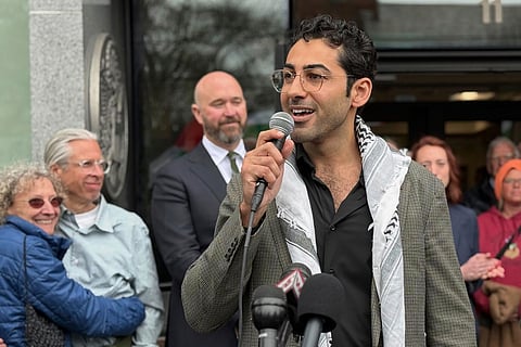 FILE - Mohsen Mahdawi speaks outside the courthouse after a judge released the Palestinian student activist, on April 30, 2025 in Burlington, Vt. (AP Photo/Amanda Swinhart, File)