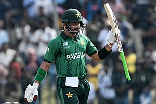 Pakistan's Sahibzada Farhan celebrates after scoring a half-century (50 runs) during the 2026 ICC Men's T20 Cricket World Cup group stage match between Pakistan and Namibia at the Sinhalese Sports Club (SSC) Ground in Colombo on February 18, 2026.