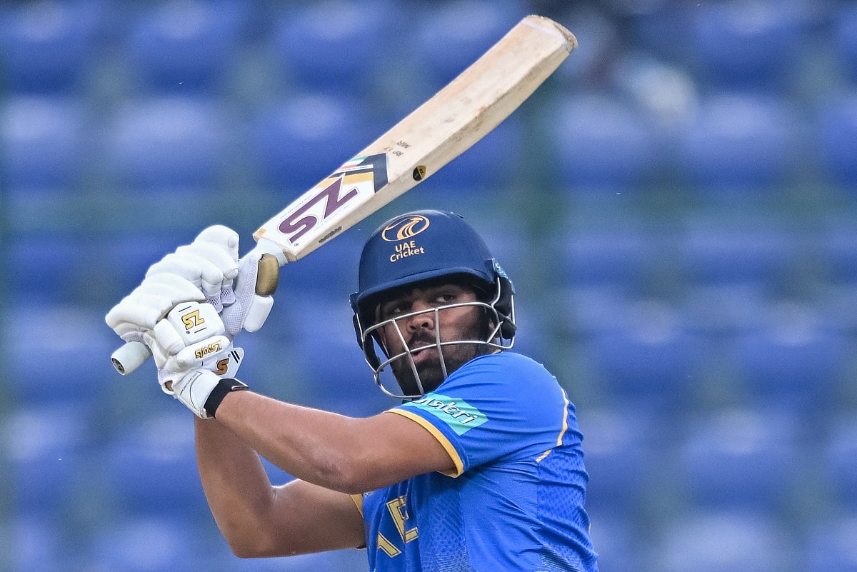 UAE's Aryansh Sharma plays a shot during the 2026 ICC Men's T20 Cricket World Cup group stage match between South Africa and United Arab Emirates at the Arun Jaitley Stadium in New Delhi on February 18, 2026.