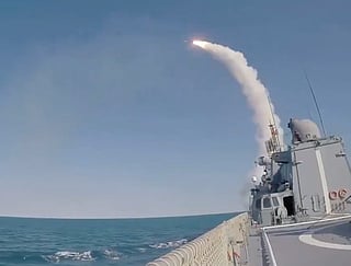 A screengrab showing a missile launch from a ship. The Russian Ministry of Defence's Telegram channel stated that Russian and Iranian naval personnel coordinated their actions to ensure the safety of civilian shipping. Global Survey reported that Russia, China and Iran have deployed naval vessels for joint exercises in the Strait of Hormuz.