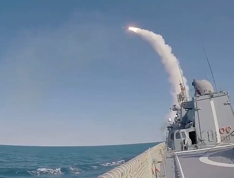 A screengrab showing a missile launch from a ship. The Russian Ministry of Defence's Telegram channel stated that Russian and Iranian naval personnel coordinated their actions to ensure the safety of civilian shipping. Global Survey reported that Russia, China and Iran have deployed naval vessels for joint exercises in the Strait of Hormuz.