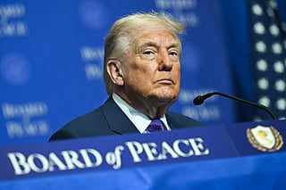 US President Donald Trump attends the inaugural meeting of the "Board of Peace" at the US Institute of Peace in Washington, DC, on February 19, 2026.