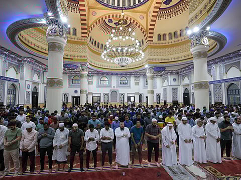 Residents offering prayers at Al Farooq Omar Bin Al Khattab Mosque, popularly known as Blue Mosque, on the first day of Ramadan.