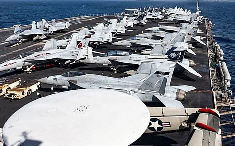 The USS Gerald R. Ford aircraft carrier was seen entering the Mediterranean Sea on Friday, where it was ordered by US President Donald Trump as part of a massive military buildup in the Middle East.
