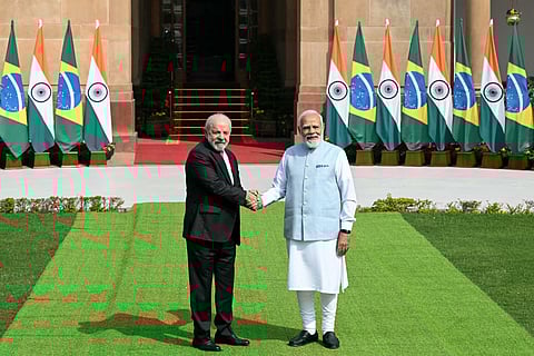 India's Prime Minister Narendra Modi (R) with Brazil's President Luiz Inacio Lula da Silva before their meeting at the Hyderabad House in New Delhi on February 21, 2026.