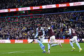 Aston Villa's Tammy Abraham celebrates scoring their side's first goal of the game during their English Premier League soccer match against Leeds United in Birmingham, England, Saturday, Feb. 21, 2026. 
