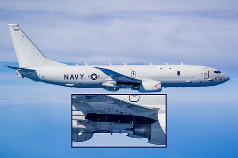 A P-8A maritime patrol aircraft, described as a "flying sensor truck" and sub/mines/drones hunter, is shown here with Long Range Anti-Ship Missile (LRASM) slung underneath the wing. The modified Boeing 737, part of the US Navy’s known assets, keeps an eye on the strategic Strait of Hormuz.