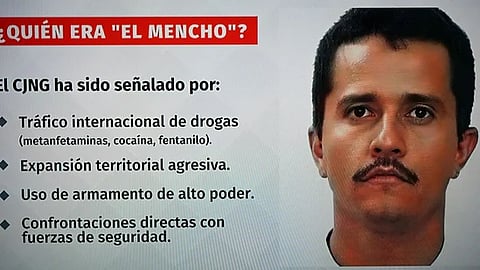 This screen shot from the Mexican TV shows an image of Nemesio Oeguera Cervantes, aka "El Mencho"