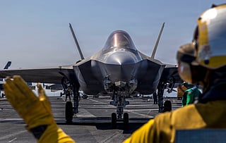 An F-35C Lightning II, attached to Marine Fighter Attack Squadron (VMFA) 314, as it prepares to launch from the flight deck of Nimitz-class aircraft carrier USS Abraham Lincoln (CVN 72) in the Arabian Sea.