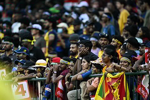 Fans watch the 2026 ICC Men's T20 Cricket World Cup Super Eights match between Sri Lanka and England at Pallekele International Cricket Stadium in Kandy on February 22, 2026.