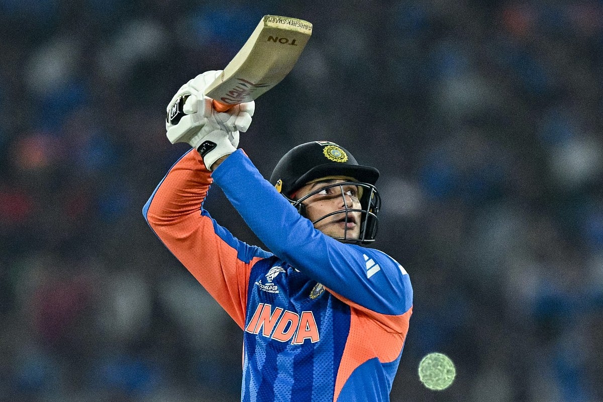 India's Abhishek Sharma watches the ball after playing a shot during the 2026 ICC Men's T20 Cricket World Cup Super Eights match between India and South Africa at the Narendra Modi Stadium in Ahmedabad on February 22, 2026.