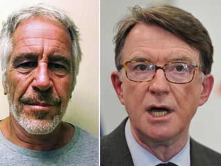 This combination of file photos created on February 23, 2026 shows an undated handout photo obtained July 11, 2019 courtesy of the New York State Sex Offender Registry showing Jeffrey Epstein (L) and British Labour MP and former UK ambassador to the US Peter Mandelson (R) .