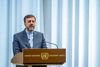 Iran's Deputy Foreign Minister Kazeem Gharibabadi adresses the audience during the annual high-level debate of the United Nations Conference on Disarmament in Geneva, on February 23, 2026.