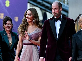 Britain's Catherine, Princess of Wales and Britain's Prince William, Prince of Wales, arrive at the BAFTA British Academy Film Awards at the Royal Festival Hall, Southbank Centre, in London, on February 22, 2026.